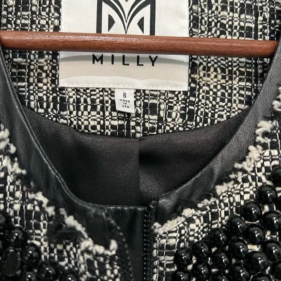 MILLY Studded Leather Trim Tweed Jacket 8 Black White​ - Picture 3 of 10